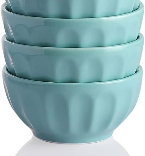 Ceramic Fluted Bowls, Soup Bowls Set, 17 OZ Portion Control Bowls for Ice Cream, Dessert, Cereal, Fruit, Salad, Pasta, Dishwasher & Microwave Safe - Set of 4 (Turquoise)