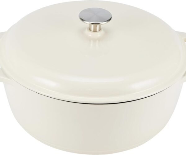 Cast Iron Dutch Oven Pot with Lid, Enameled, Round, Dual Handles, Heavy-Duty, Small, 4.3-Quart, White