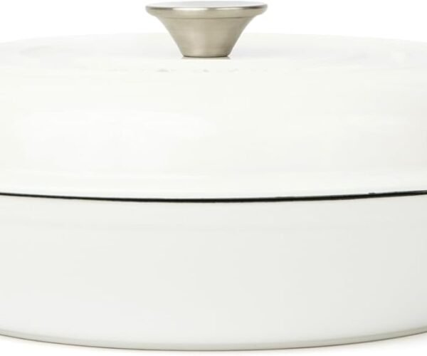 Enameled Cast Iron Braiser | 3.6 qt Braiser Pan with Lid | Shallow Dutch Oven Compatible on All Cooktops | Casserole Dish Oven Safe to 500° F | Dual Handles | White