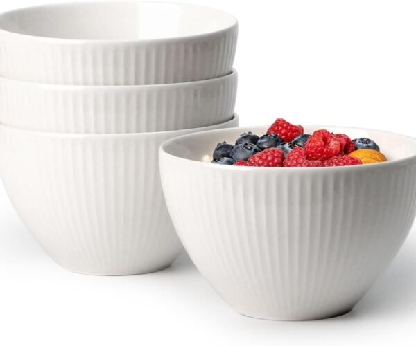 5.5x3.5 in Soup Bowls, 25 oz Deep Cereal Bowl Set, Ceramic, Microwave Safe Bowl, Set of 4 White Bowl for Oatmeal Chili Salad