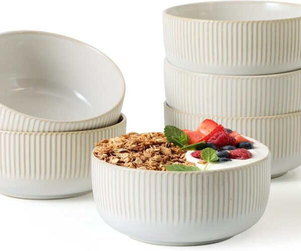 Ceramic Cereal Bowls 25 OZ,Soup-Bowls Set of 6,Stoneware Bowls for French Onion,Ice Cream,Dessert,Snacks,Salad, Noodle - 5.5 Inch,Microwave, Dishwasher & Oven Safe,Lvory White