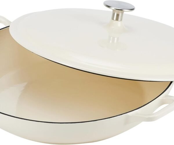 Enameled Cast Iron Covered Round Casserole Skillet with Lid for Oven, 3.3-Quart, White