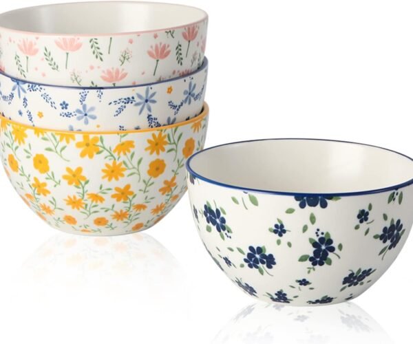 Small Bowls Ceramic Bowl Set - 12 oz Porcelain Rice Bowls Set - 4.5 inch Floral Patterned Dessert Bowls - 4 Colorful Cute Bowls for Ice Cream | Soup | Snack | Side Dishes - Microwave Dishwasher Safe