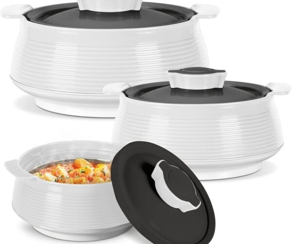 Casserole for Hot Food, Double Walled Insulated Inner Stainless Steel Hot Pot with Lid, Serving box for Food and Roti, Serving Bowl, Set of 3 (Size 62, 45, 28 oz) Venice, Micro White