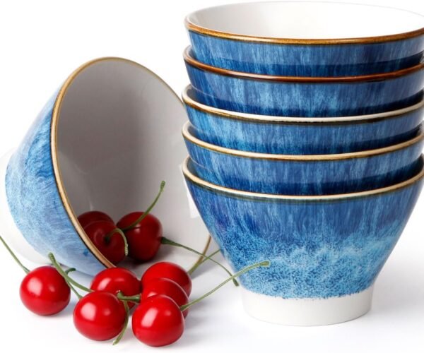 5 Inch Ceramic Cereal Bowl, 12oz Japanese Rice Bowl Small Bowls Set of 6, Microwave and Oven Safe, Blue