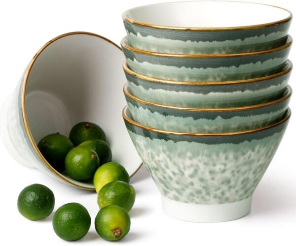 5 Inch Ceramic Cereal Bowl, 12oz Japanese Rice Bowl Small Bowls Set of 6, Microwave and Oven Safe, Green