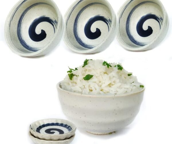 8 Pieces Japanese Fuji Blue Style. 4 Ceramic Miso & Rice Bowls Set Plus 4 Small Soy Sauce bowl Plates Included. 8 oz. Japan, Korean & Chinese. Portion Control Ramen Soup Capable (White Fuji Blue)