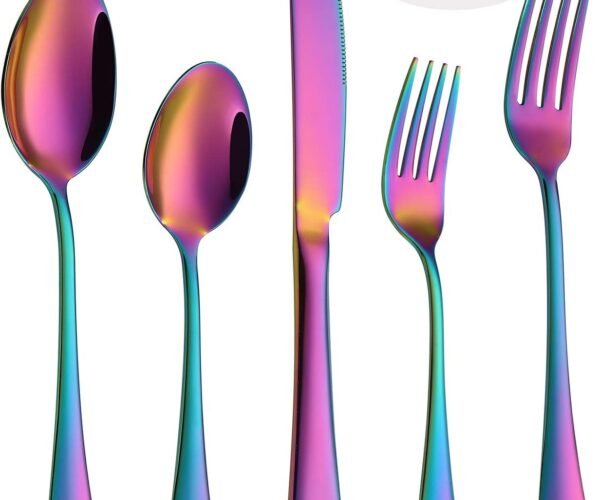 Rainbow Flatware Cutlery Silverware Set 20 Pieces, Stainless Steel Colorful Utensils, Tableware Set Service for 4, Include Knife/Fork/Spoon, Reusable, Mirror Polished, Dishwasher Safe