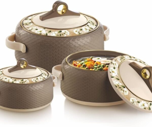 Casserole Dish with Lid |  Double Wall Hot Pot Set | Crock Pot |  Box, Tortilla Box, Hot Pot for Roti 1000ml/1500ml/2000ml Set with Golden Handle Stainless Steel Pot for Hot and Cold, Set of 3 (Dark Brown)