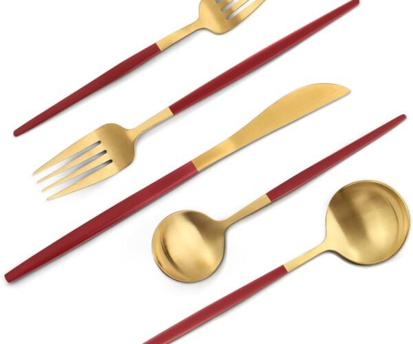 Matte Red Gold Silverware Set, 20-Piece Stainless Steel Flatware Set, Satin Finish tableware Cutlery Set, Service for 4, Home and Restaurant, Dishwasher Safe