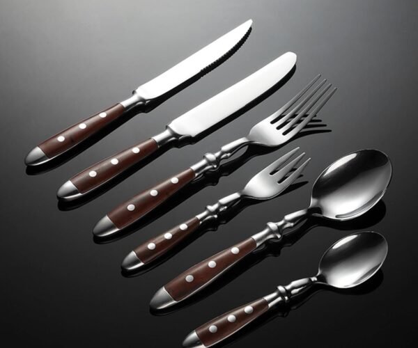 108 pieces flatware set, stainless steel rivet bakelite Western-style cutlery set with imitation wood five-piece main course knife, fork, forged hotel tableware