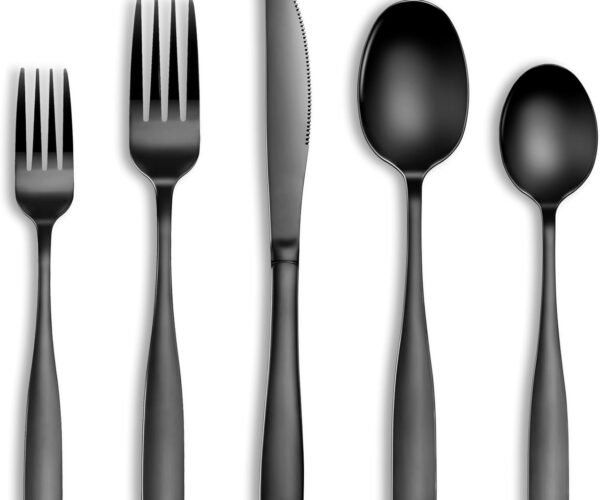 20 Pcs Black Silverware Set, Food-Grade Stainless Steel Flatware Set for 4, Square Cutlery Set, Mirror Polished Tableware Eating Utensils Set for Kitchen, Include Knife Fork Spoon Set,Dishwasher Safe