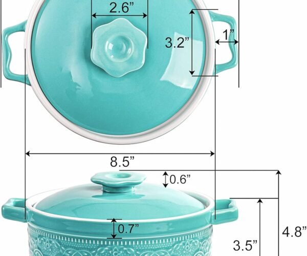 2 Quart Ceramic Casserole Dish with Lid, 7.5 Inch Round Covered Casserole Pot Oven Safe Glazed Ceramic Baking Dish, Lace Emboss Bakeware Stew Pot for Soup, Dinner, Non-Stick