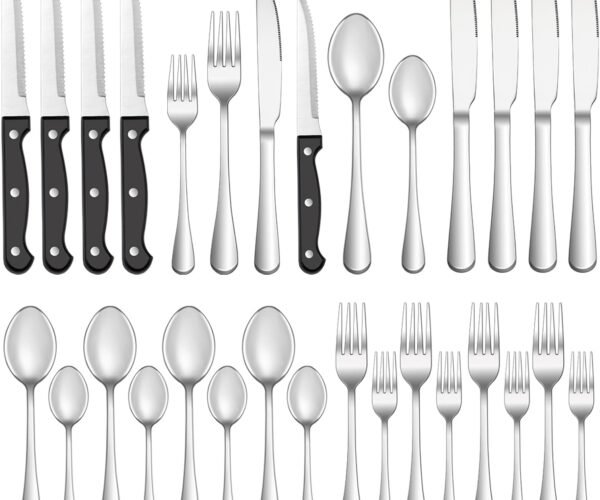 24 Pcs Silverware Set with Steak Knives Service for 4,Stainless Steel Flatware Set,Mirror Polished Cutlery Utensil Set,Home Kitchen Eating Tableware Set,Include Fork Knife Spoon Set,Dishwasher Safe