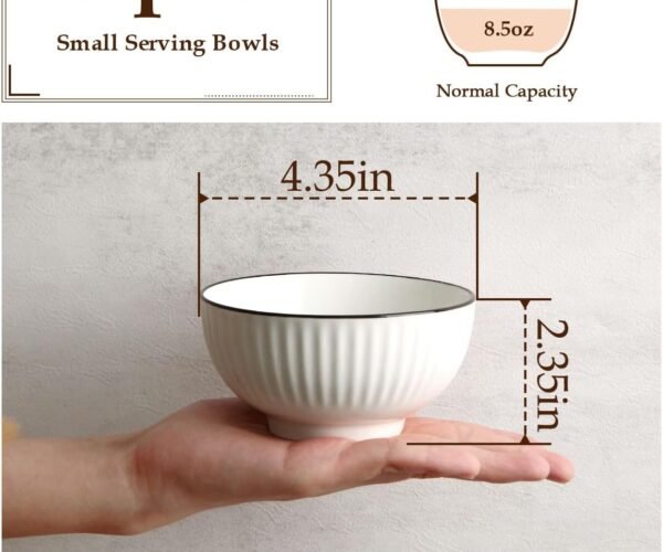 4.5” Small Dessert Bowls Ceramic Bowls 10 oz Small Bowls, White Serving Bowls for Ice Cream, Side Dishes, Rice, Dipping (set of 8)