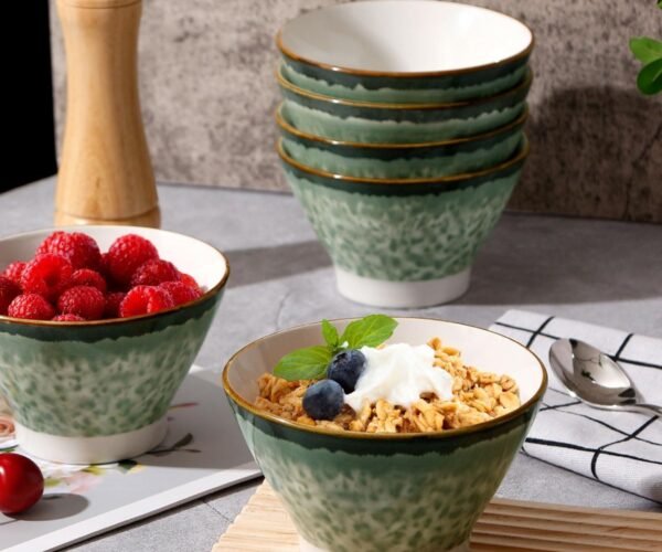 5 Inch Ceramic Cereal Bowl, 12oz Japanese Rice Bowl Small Bowls Set of 6, Microwave and Oven Safe, Green