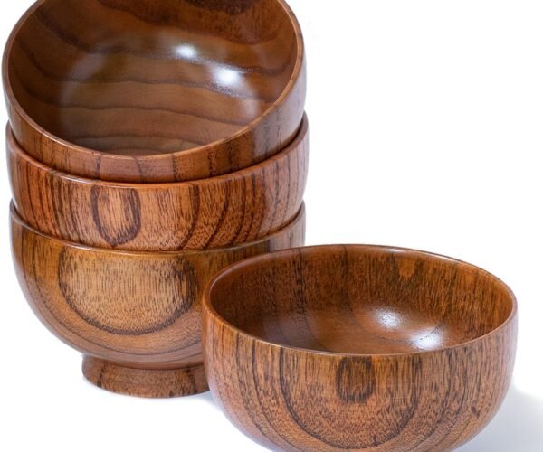 Handmade Wood Bowl, Mug, for Rice, Soup, Dip, Coffee, Tea, Decoration (4PCS Jujube Bowls, M: 4.5'' Dia x 2.6'' High)