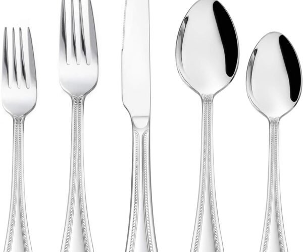 Silverware Set, 60-Piece Stainless Steel Flatware Service for 12, Pearled Edge Tableware Cutlery Include Knife/Fork/Spoon, Beading Eating Utensil for Home, Mirror Polished, Dishwasher Safe