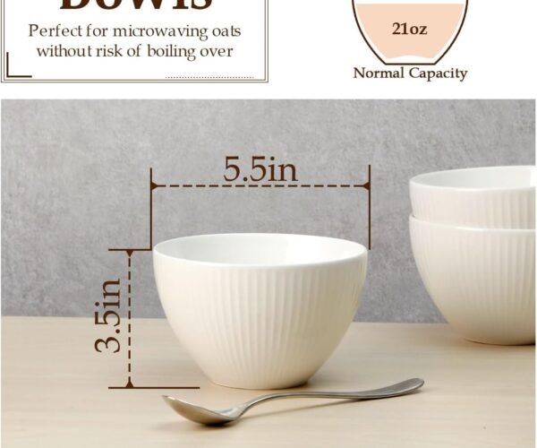 5.5x3.5 in Soup Bowls, 25 oz Deep Cereal Bowl Set, Ceramic, Microwave Safe Bowl, Set of 4 White Bowl for Oatmeal Chili Salad