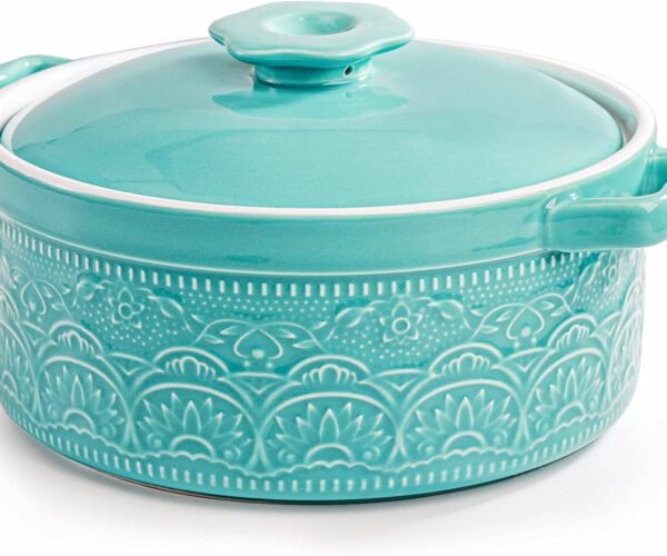 2 Quart Ceramic Casserole Dish with Lid, 7.5 Inch Round Covered Casserole Pot Oven Safe Glazed Ceramic Baking Dish, Lace Emboss Bakeware Stew Pot for Soup, Dinner, Non-Stick