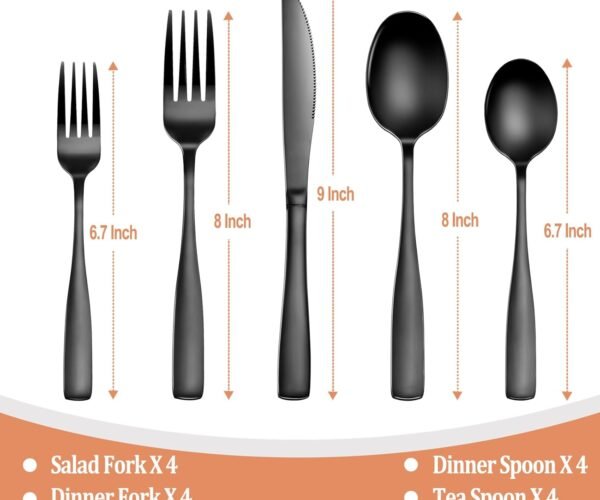 20 Pcs Black Silverware Set, Food-Grade Stainless Steel Flatware Set for 4, Square Cutlery Set, Mirror Polished Tableware Eating Utensils Set for Kitchen, Include Knife Fork Spoon Set,Dishwasher Safe