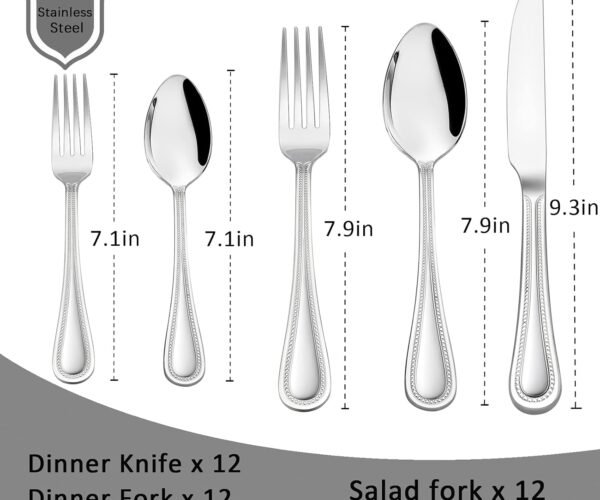 Silverware Set, 60-Piece Stainless Steel Flatware Service for 12, Pearled Edge Tableware Cutlery Include Knife/Fork/Spoon, Beading Eating Utensil for Home, Mirror Polished, Dishwasher Safe