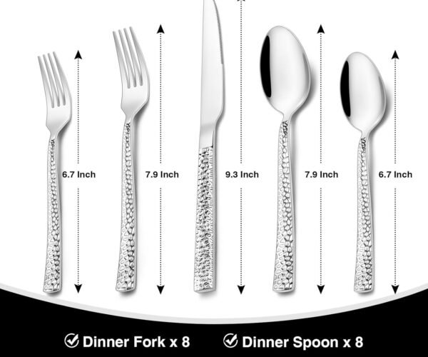 Hammered Silverware Set, 40-Piece Stainless Steel Square Flatware Set for 8, Food-Grade Tableware Cutlery Set, Utensil Sets for Home Restaurant, Mirror Finish, Dishwasher Safe