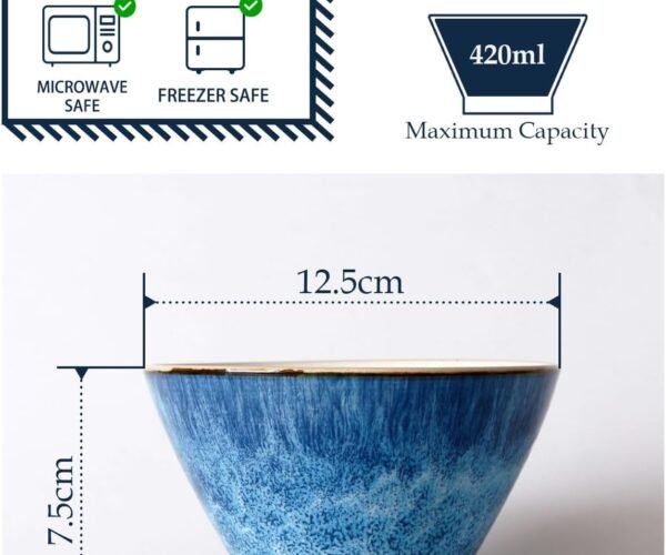 5 Inch Ceramic Cereal Bowl, 12oz Japanese Rice Bowl Small Bowls Set of 6, Microwave and Oven Safe, Blue