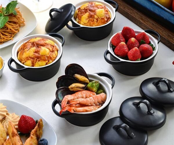 4-Piece Ceramic Ramekins Baking Dish with Lid Mini Round Porcelain Ramekins Casserole Souffle Dish Set