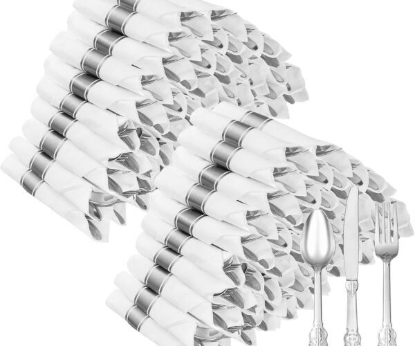 100 Pack Silver Plastic Silverware with Pre Rolled Napkins for 100 Guests, Heavyweight Silver Disposable Utensils Sets Includes 300 Plastic Cutlery, and 100 Napkins for Wedding & Party