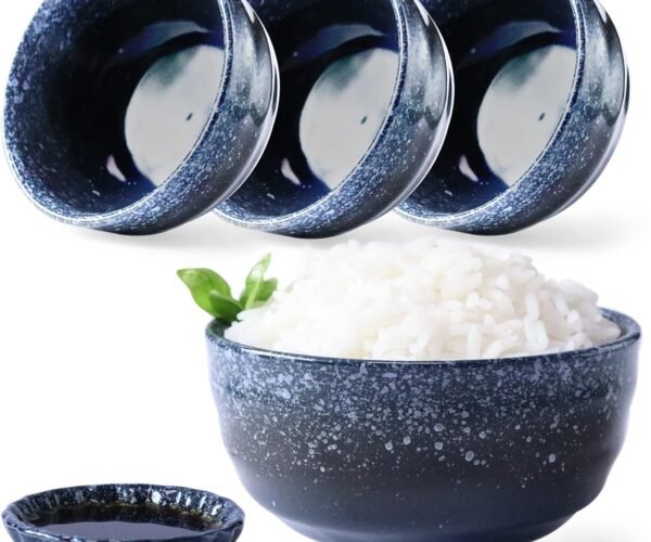 8 Pieces Japanese Fuji Blue Style. 4 Ceramic Miso & Rice Bowls Set Plus 4 Small Soy Sauce bowl Plates Included. 8 oz. Japan, Korean & Chinese. Portion Control Ramen Soup Capable. (Dark Blue, 4.1in x4)